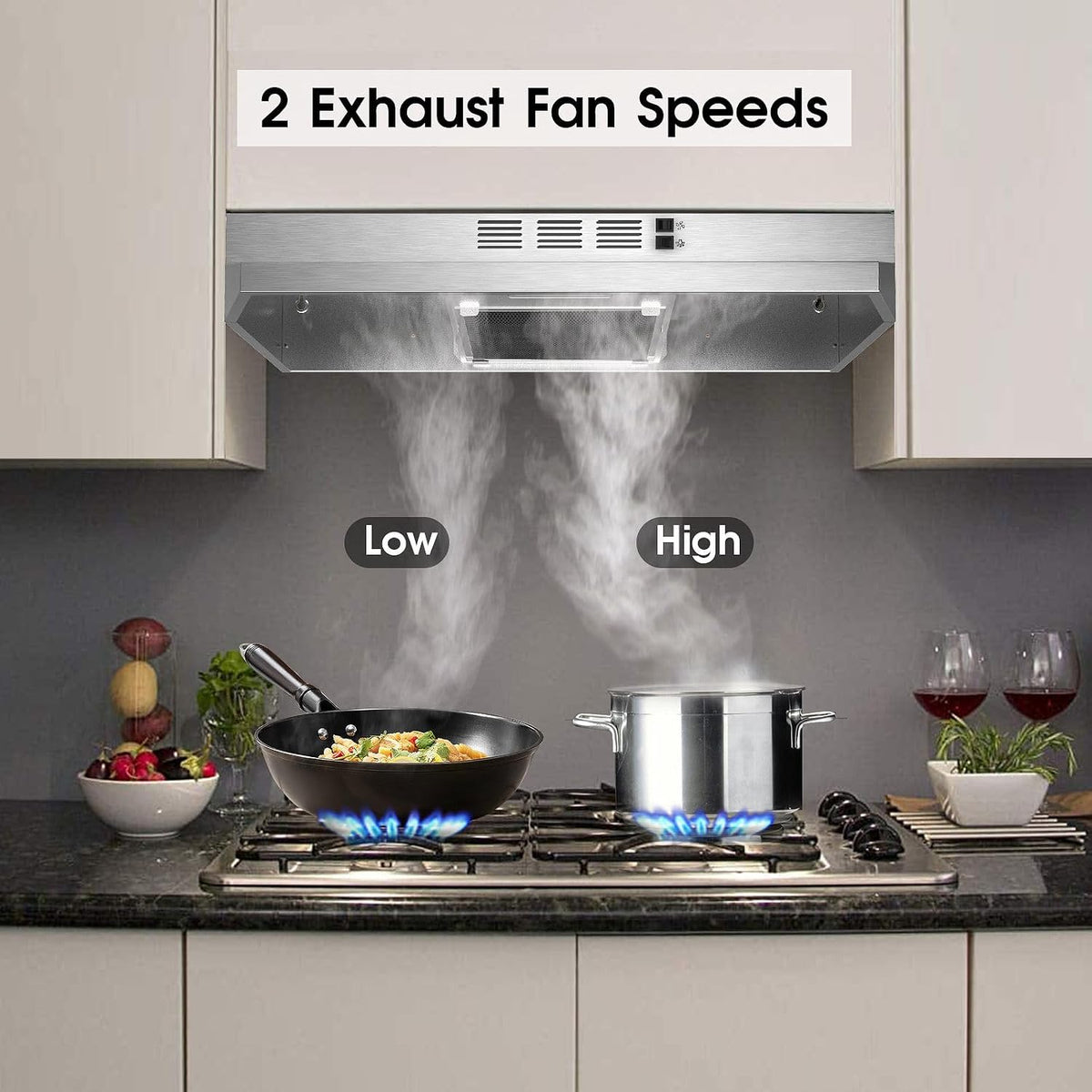 Range Hood 30 inch Under Cabinet, Stainless Steel Kitchen Vent Hood 280CFM, Built-in Kitchen Stove Hood w/Rocker Button Control, Ducted/Ductless Convertible Duct, 2 Speeds Fan, Bright LED Light Jansha Store