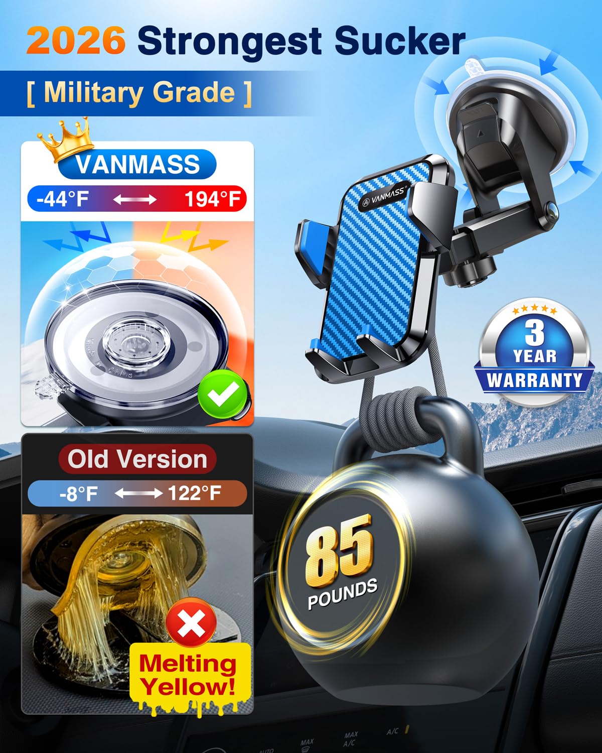VANMASS【85+LBS Strongest Suction & Military-Grade Ultimate Car Phone Mount【Patent Safety Certs】 Cell Phone Holder for Dash Windshield Vent for iPhone 18 17 Pro Max Automobile Interior Sets, Ink Black Jansha Store