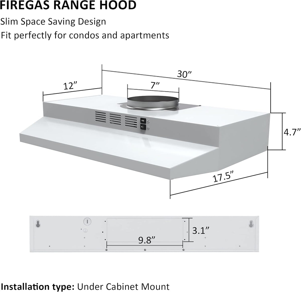 FIREGAS Range Hood 30 inch Under Cabinet, White Range Hood, Kitchen Hood Jansha Store