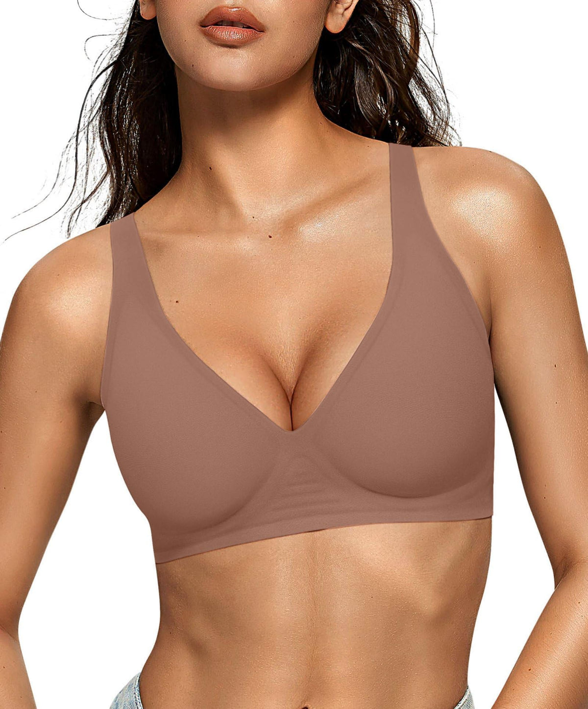 Detail of the bralette's deep V front edge and smooth seamless finish