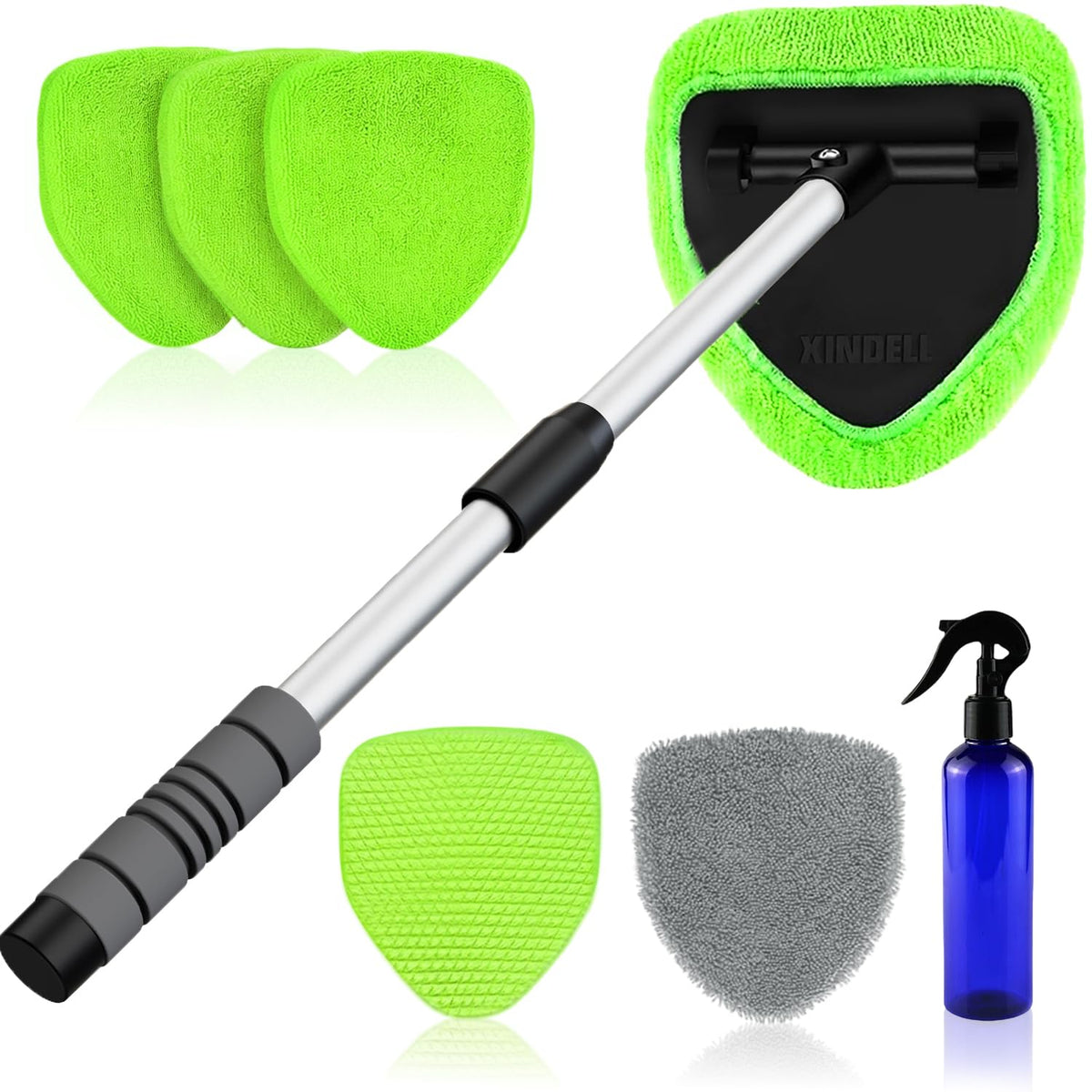 XINDELL Interior Windshield Cleaner Tool – Car Interior Window Cleaning Kit with Extendable Handle & 4 Microfiber Pads, Auto Wiper Inside Compact Windshield Brush for Car & Home Windows Jansha Store