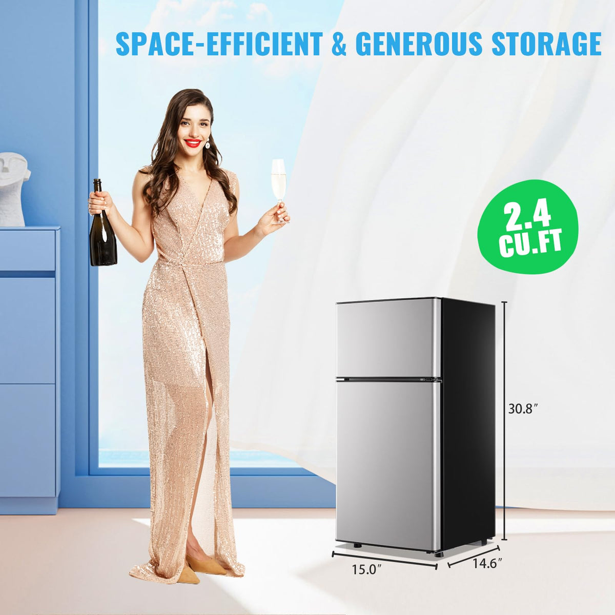 DEMULLER 45L Personal Double‑Door Mini Fridge With Freezer, Black Jansha Store