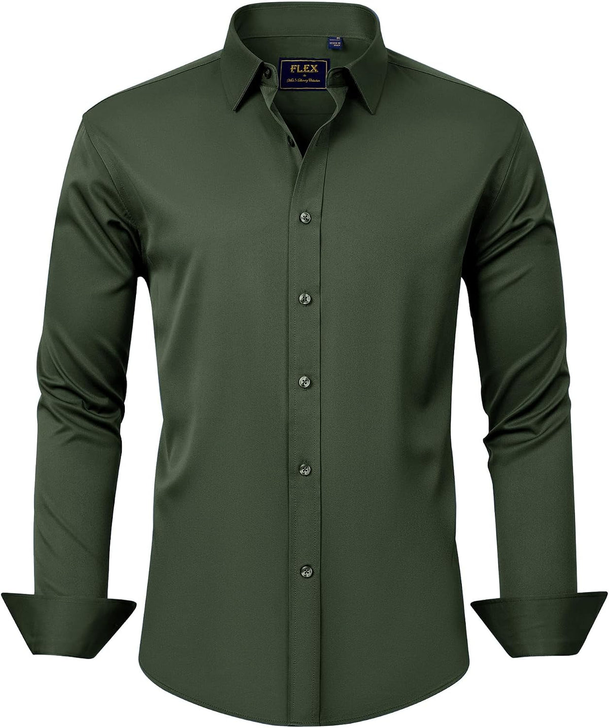 Men's solid long sleeve stretch dress shirt in a front view showing the button-down front and collar