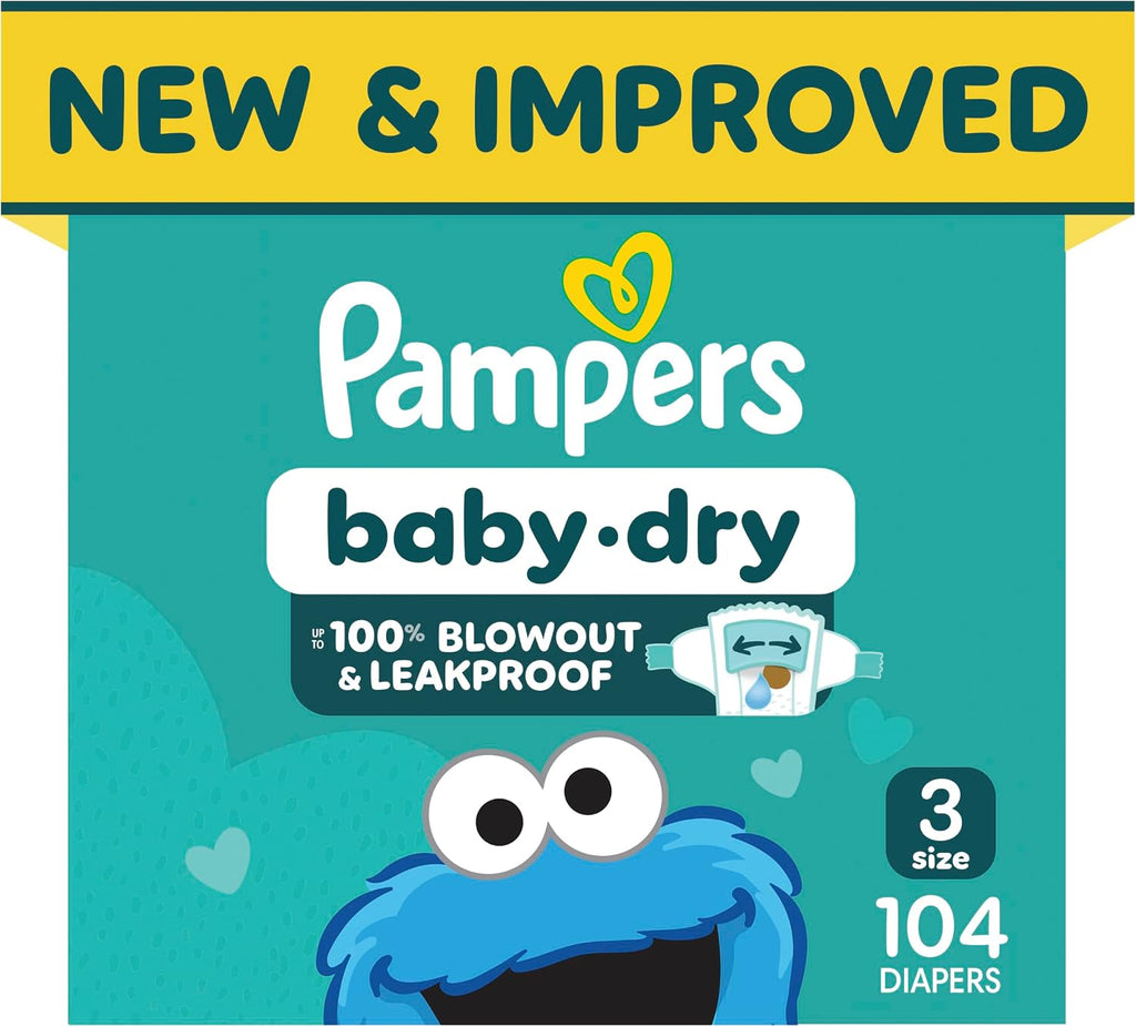 Pampers Baby Dry Ultra Cushiony Diapers, Size 3 (13-26 lbs), 104 Count, Up to 100% Leakproof (Packaging May Vary) Jansha Store