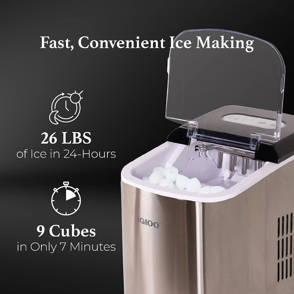 Igloo Electric Countertop Ice Maker Machine - Automatic and Portable - 26 Pounds in 24 Hours - Ice Cube Maker - Ice Scoop and Basket - Ideal for Iced Coffee and Cocktails - Stainless Steel Jansha Store