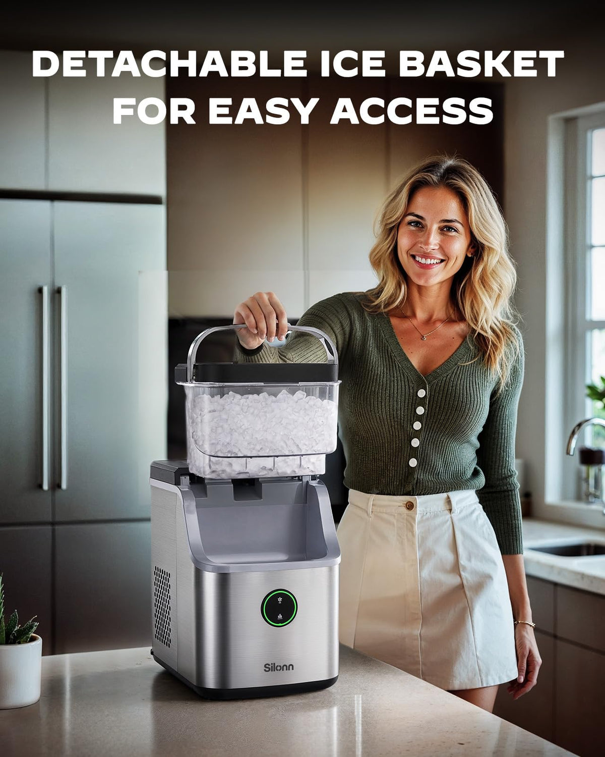 Silonn Nugget Ice Maker Countertop, Pellet Ice Machine with Self-Cleaning Function, Sonic Ice Maker Produces 36lbs of Chewable Ice in 24 Hours, Ideal for Home Kitchen and Office (Stainless Steel) Jansha Store