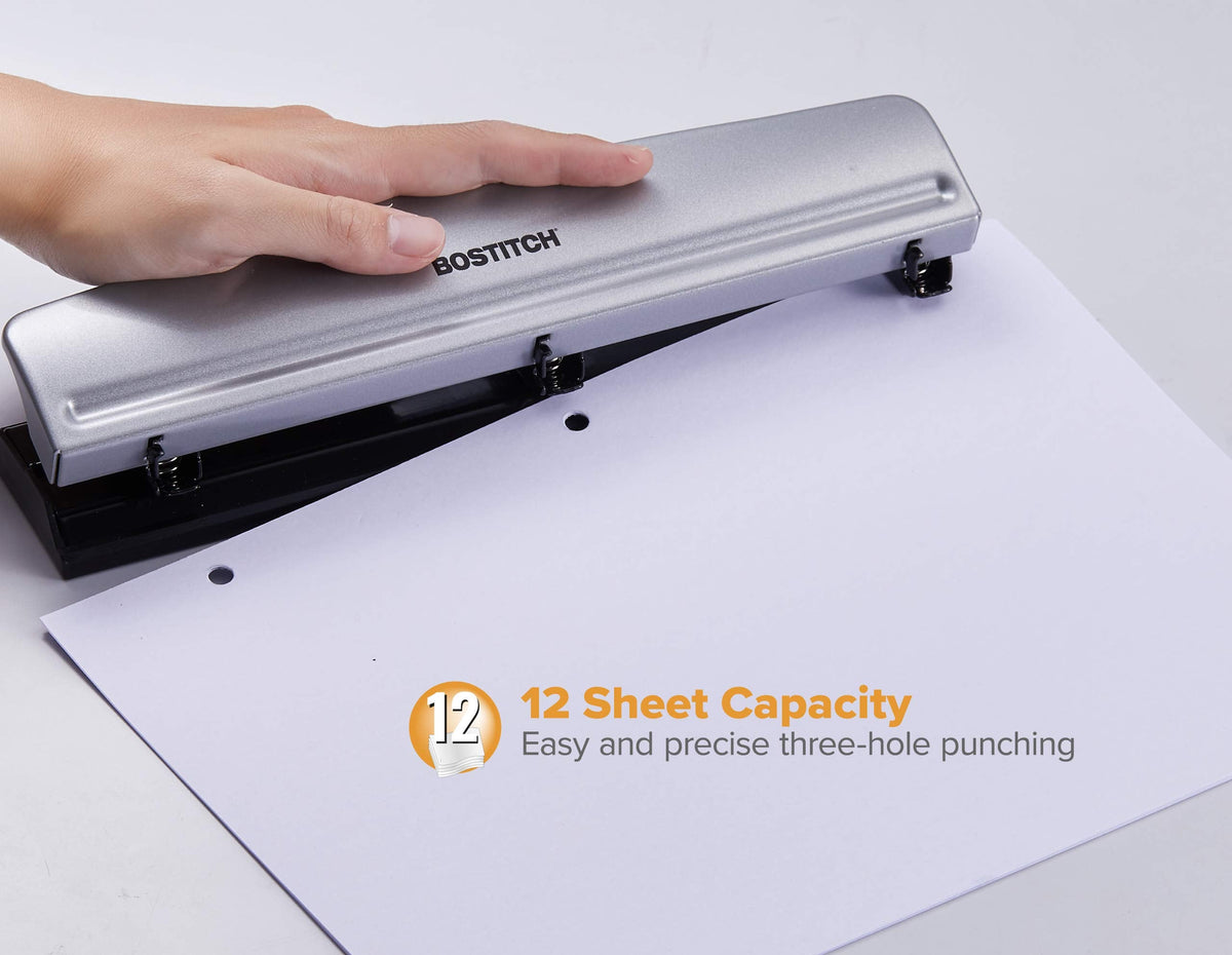 Bostitch Office 3 Hole Punch, Metal, 12 Sheet Capacity, Rubber Base, Silver Jansha Store