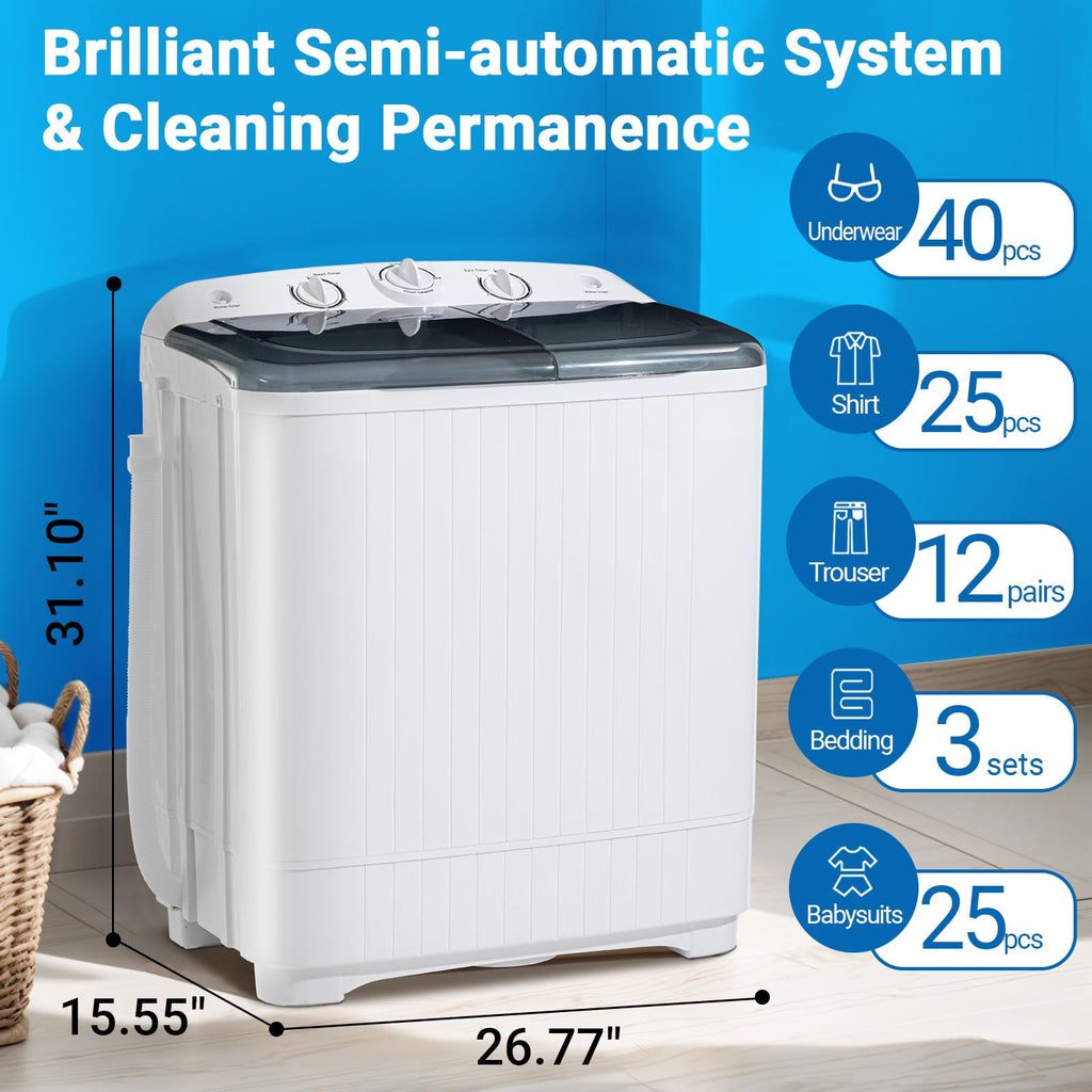 Erivess Portable Twin Tub 19lbs Washing Machine with Drying Rack and 10 Hangers, 12lbs Washer Mini Compact Laundry Machine with 7lbs Spinner, 1500rpm Semi-automatic Washer Combo for Dorm&Apartment Jansha Store