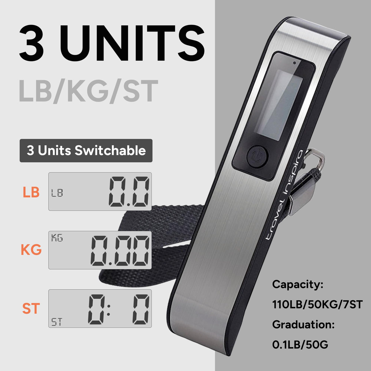 travel inspira Digital Luggage Scale – Portable Hanging Suitcase Weight Scale for Travel, 110 lb Capacity, Backlit LCD Display, Prevents Airport Overweight Fees, Battery Included Jansha Store