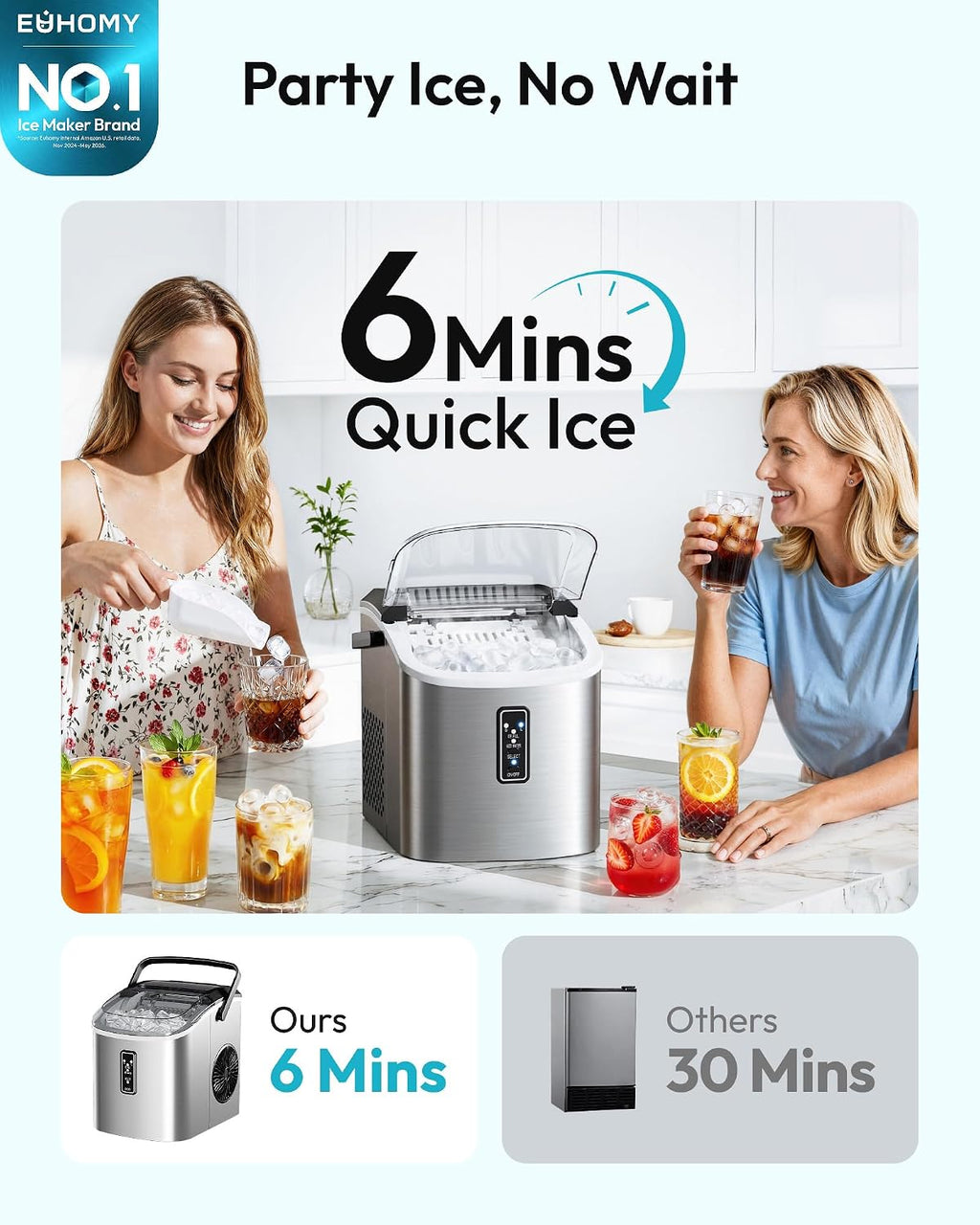 EUHOMY Ice Maker Countertop, 9 Cubes Ready in 6 Mins, 26lbs/24H, Self-Cleaning, Portable Ice Maker Machine with Carry Handle, Basket and Scoop, 2 Sizes of Bullet Ice for Home, Kitchen, Office Jansha Store