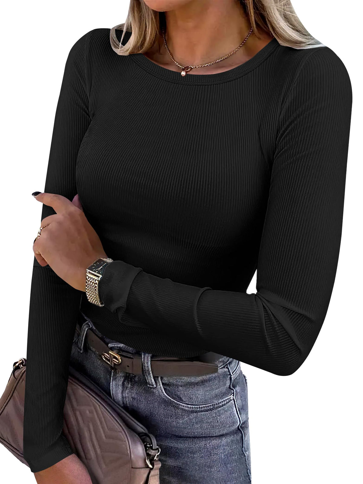 ANRABESS Women Long Sleeve Shirts Ribbed Fitted Tops Jansha Store