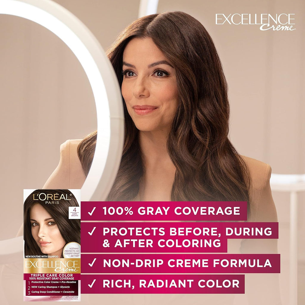 L'Oreal Paris Excellence Crème Permanent Hair Dye, Triple Care Hair Color with Hyaluronic Acid for 100% Gray Coverage, 4 Dark Brown, 1 Kit (Packaging May Vary) Jansha Store