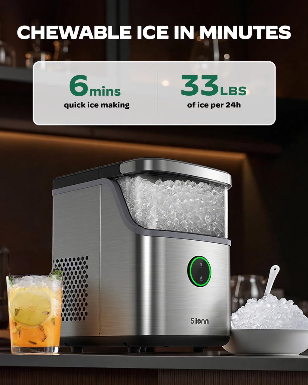 Silonn Nugget Ice Maker, Smart Countertop Ice Machine with APP & Voice Control, Self-Cleaning, 44lbs/24H Soft Chewable Sonic Ice, 3L Tank, for Home Kitchen & Party Jansha Store