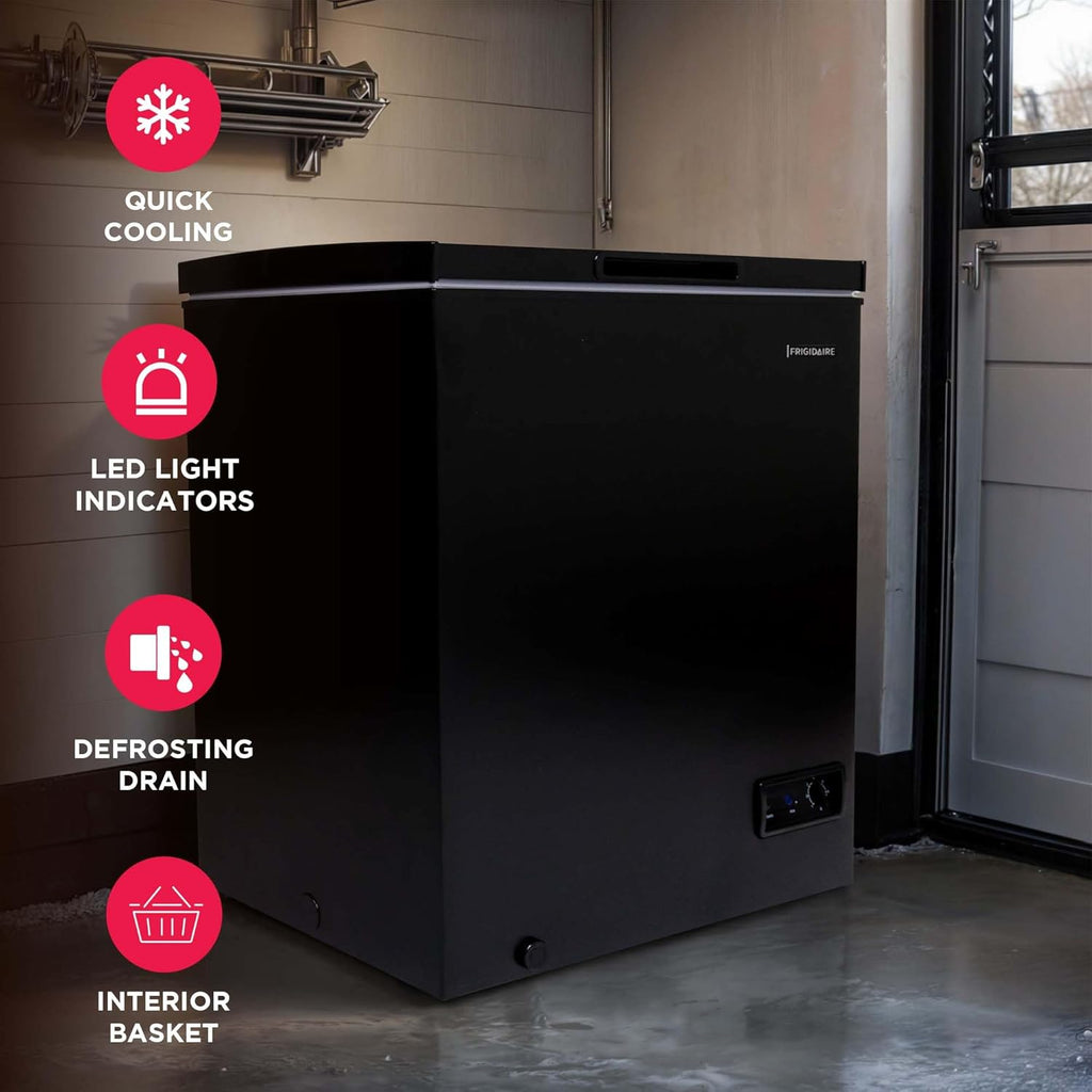 FRIGIDAIRE EFRF5003-BLACK Chest Deep Freezer-Garage-Ready, 5.0 Cu. Ft. Capacity, Black-Adjustable Thermostat-Removable Vinyl Coated Wire Basket-Easy Defrost Drain Jansha Store