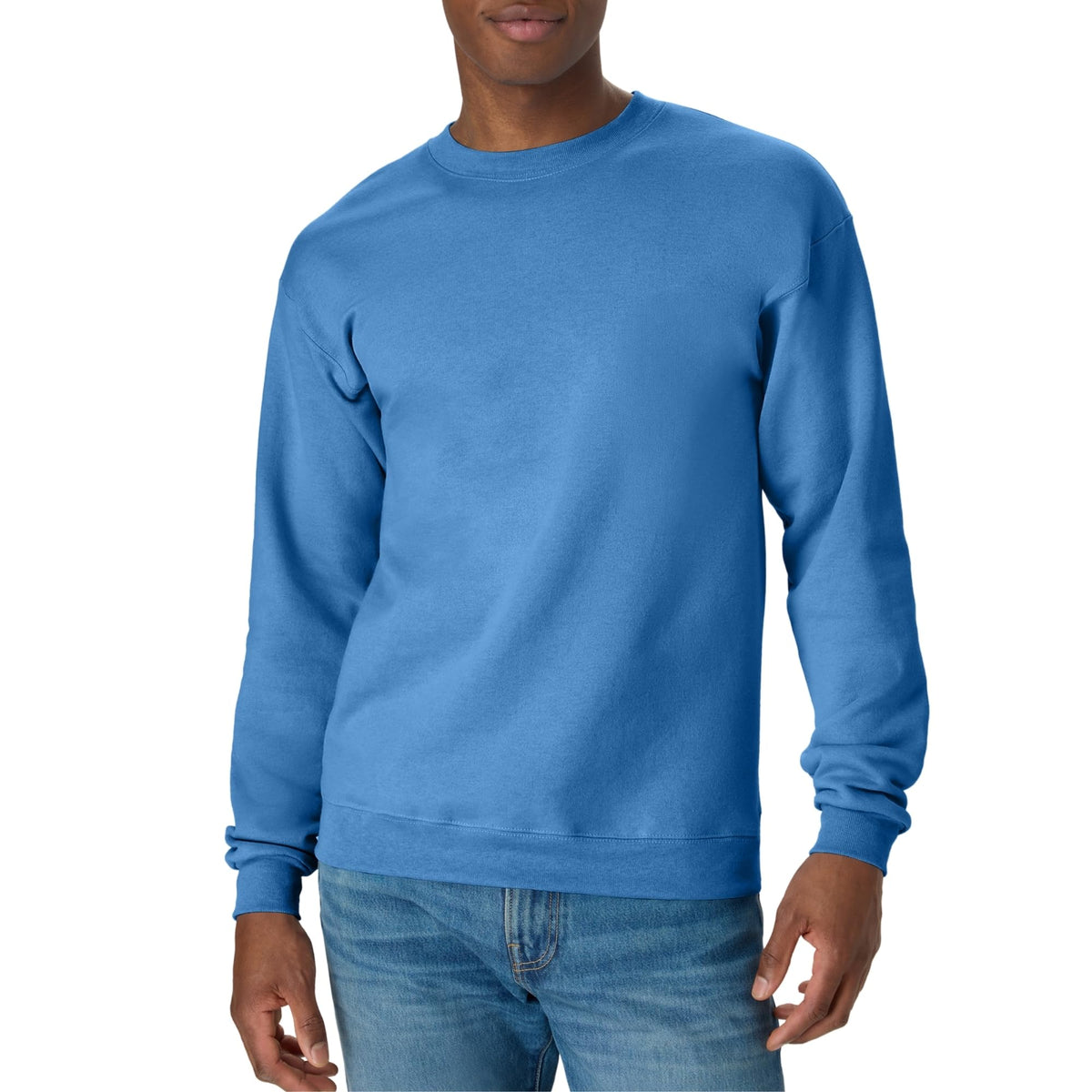 Chest area of men's plain crewneck fleece sweatshirt, no graphics