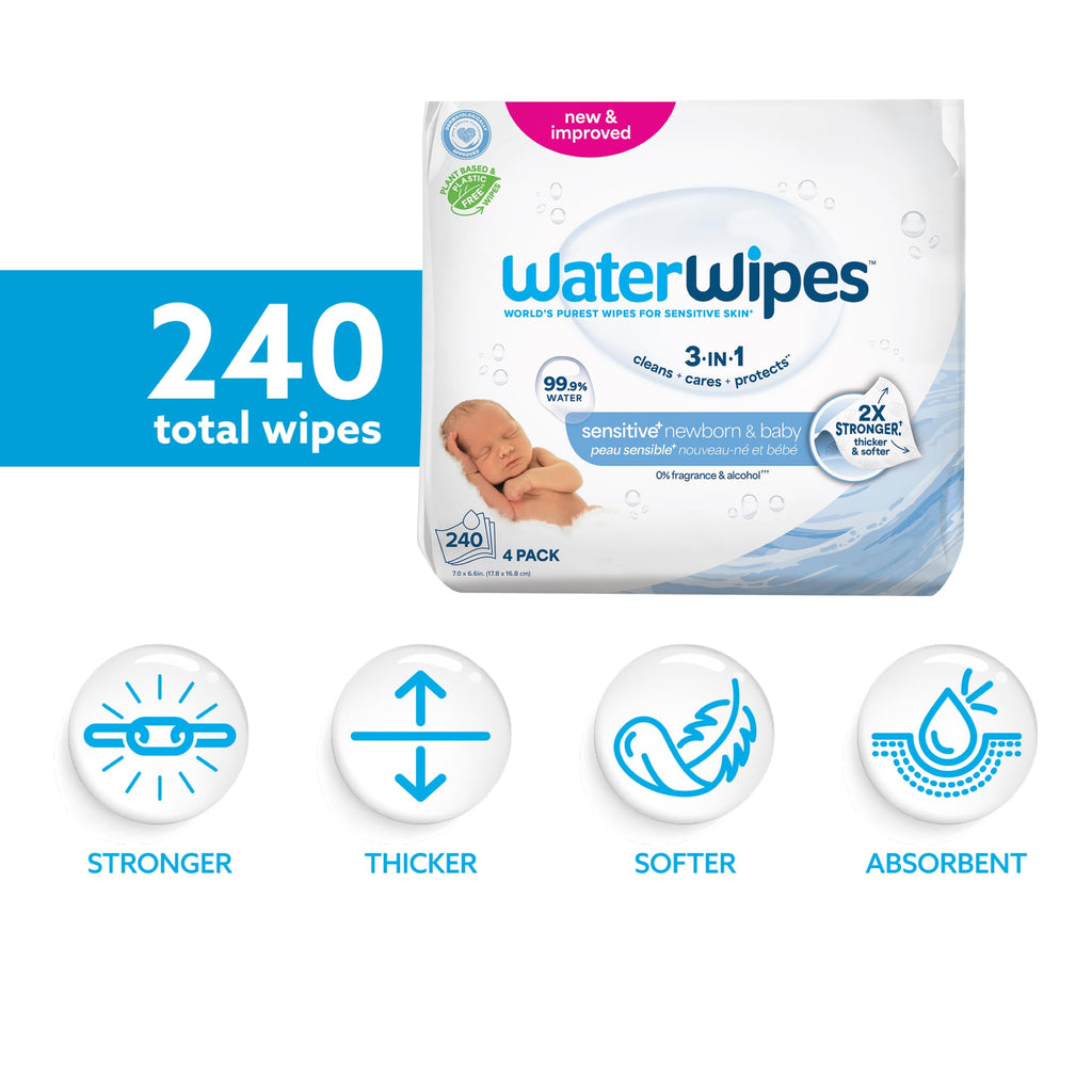 WaterWipes Sensitive+ Newborn & Baby Wipes, 3-In-1 Cleans, Cares, Protects, 99.9% Water, Unscented & Hypoallergenic, 720 Count (12 Packs) Jansha Store