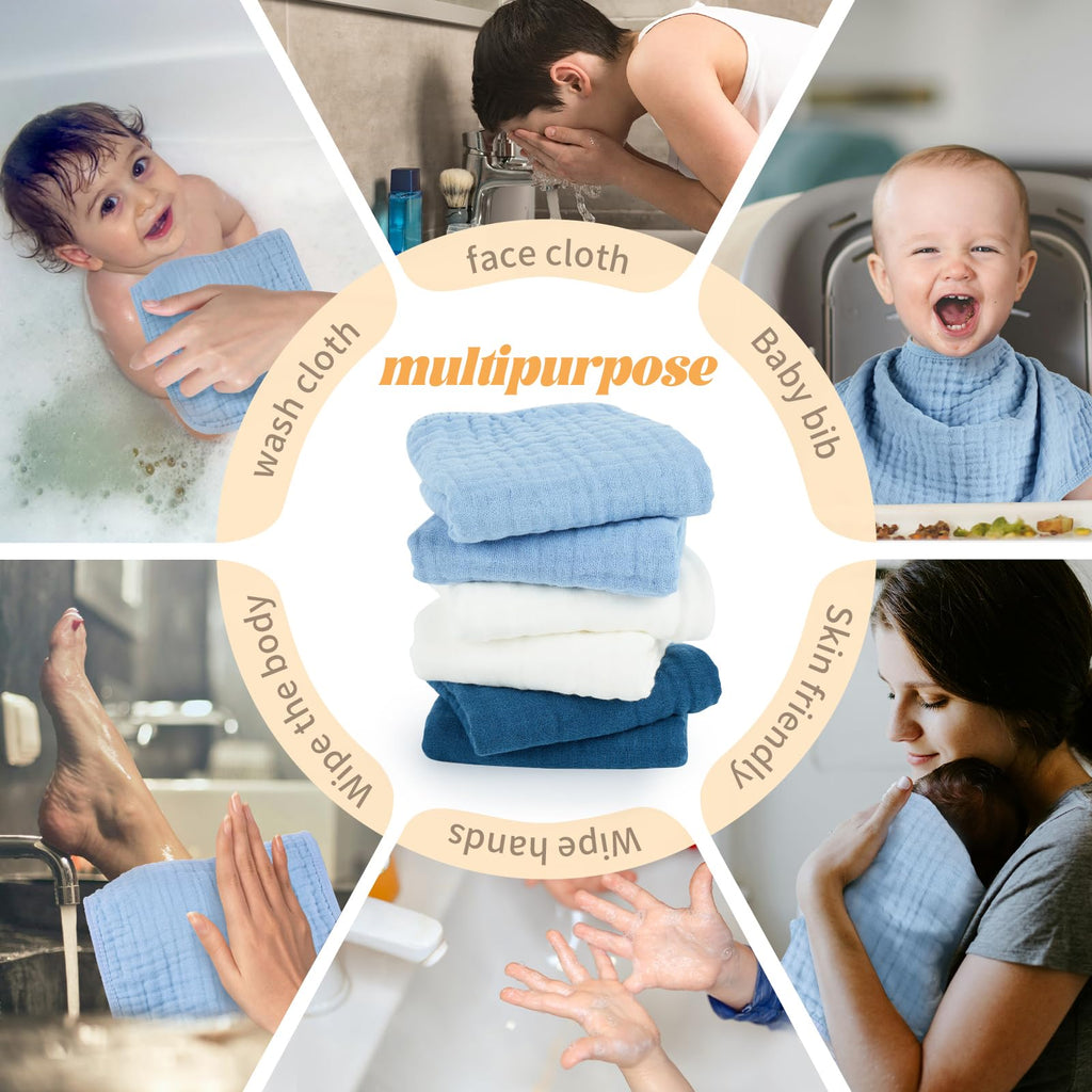 MIGIOL Baby Burp Cloths 100% Cotton Newborn Muslin Burp Cloths 10x20 inches Baby Essentials Blue & Green 5-Pack Jansha Store