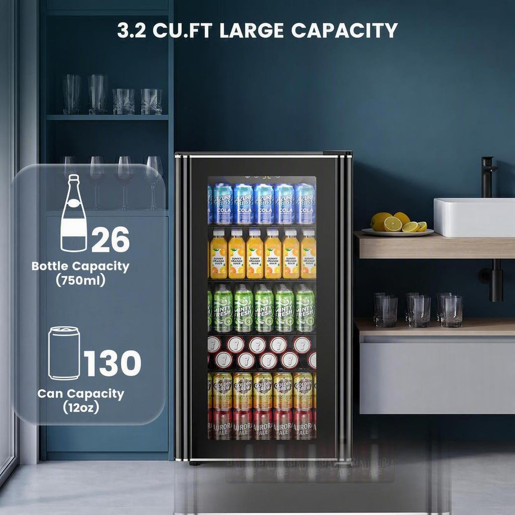 Electactic Mini Fridge 130 Can Beverage Refrigerator Cooler, 3.2 Cu.Ft Drink Fridge for Soda Wine Beer, Adjustable Temperature Control for Home Office, Black Jansha Store