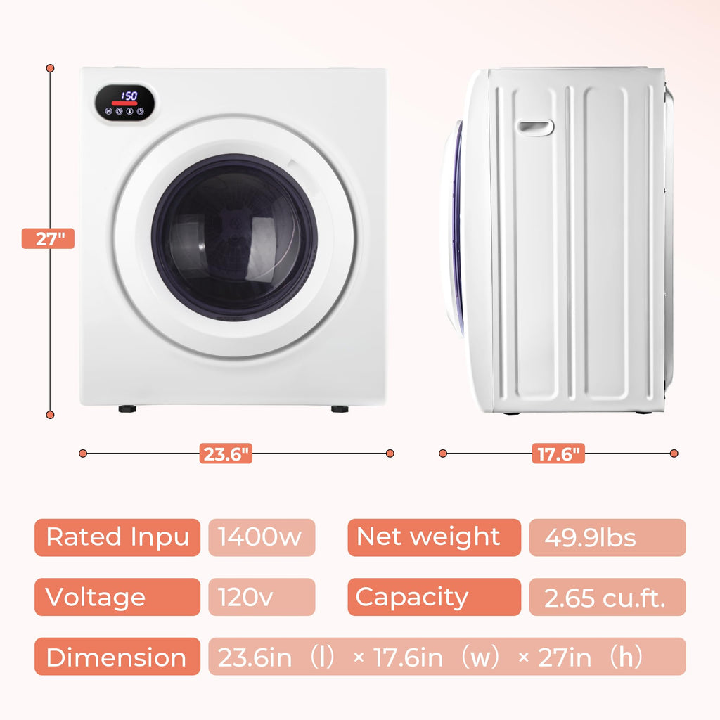 Euhomy Compact Laundry Dryer, 3.5 cu ft Front Load Stainless Steel Clothes Dryers With Exhaust Pipe, 1500W, LCD Control Panel Four-Function Portable Dryer For Apartments, Home, Dorm, White Jansha Store