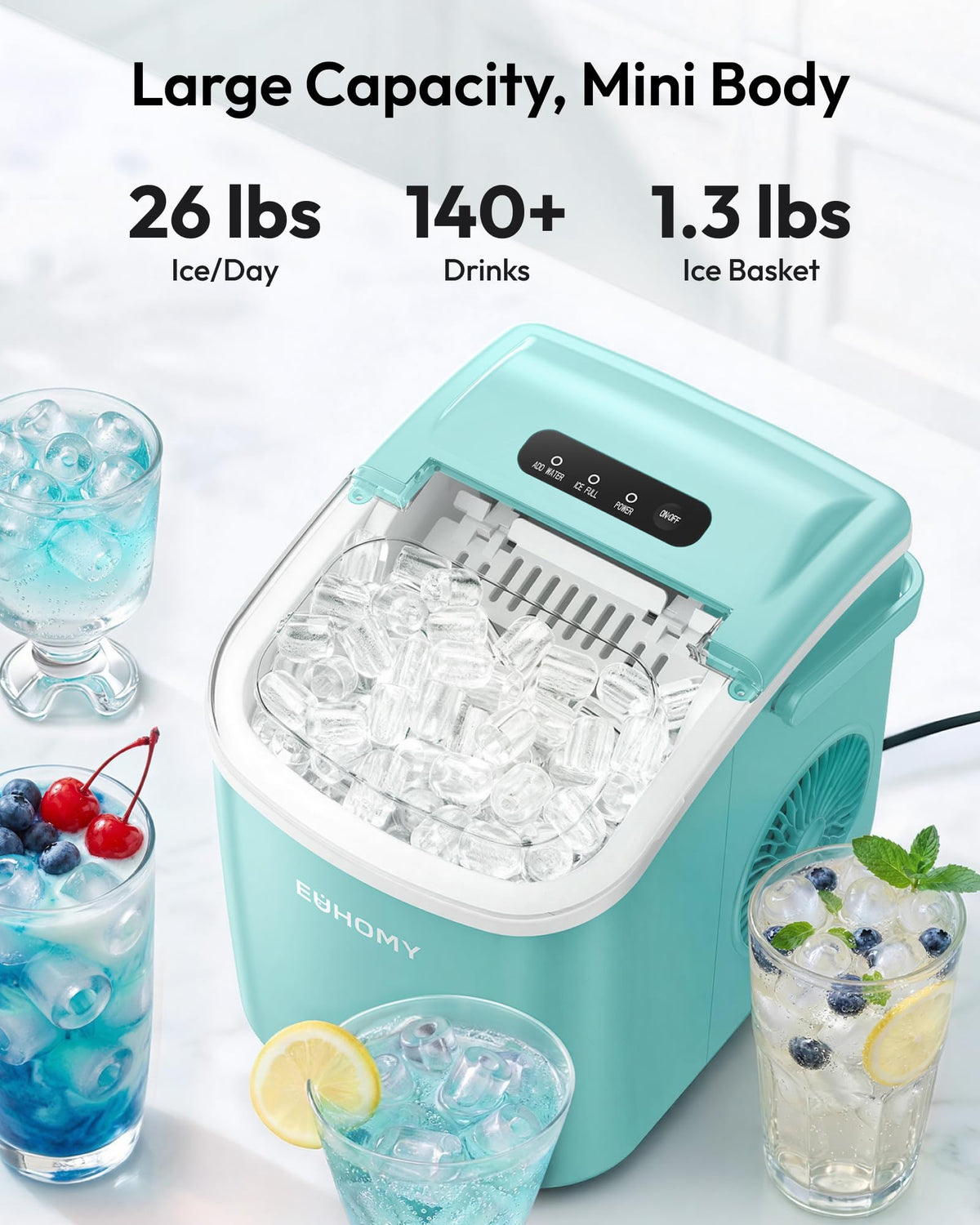 EUHOMY Countertop Ice Maker Machine with Handle, 26lbs in 24Hrs, 9 Ice Cubes Ready in 6 Mins, Auto-Cleaning Portable Ice Maker with Basket and Scoop, for Home/Kitchen/Camping/RV. (Black) Jansha Store