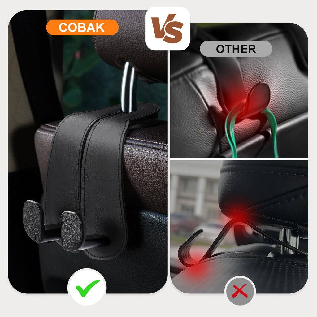 CoBak Purse Hook for Car - Universal Premium Stitched Leather and Aluminum-Magnesium Alloy Double Car Seat Back Storage Hook for Purses, Handbags, Bags (2 Pack),Black Jansha Store