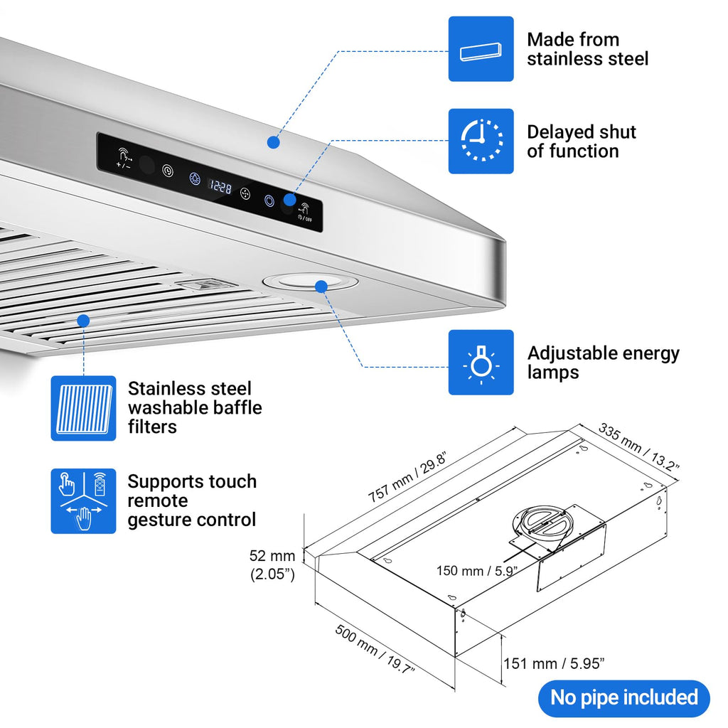 AMZCHEF 30" Stainless Steel Under Cabinet Range Hood, 1050 CFM Dual-Fan Jansha Store
