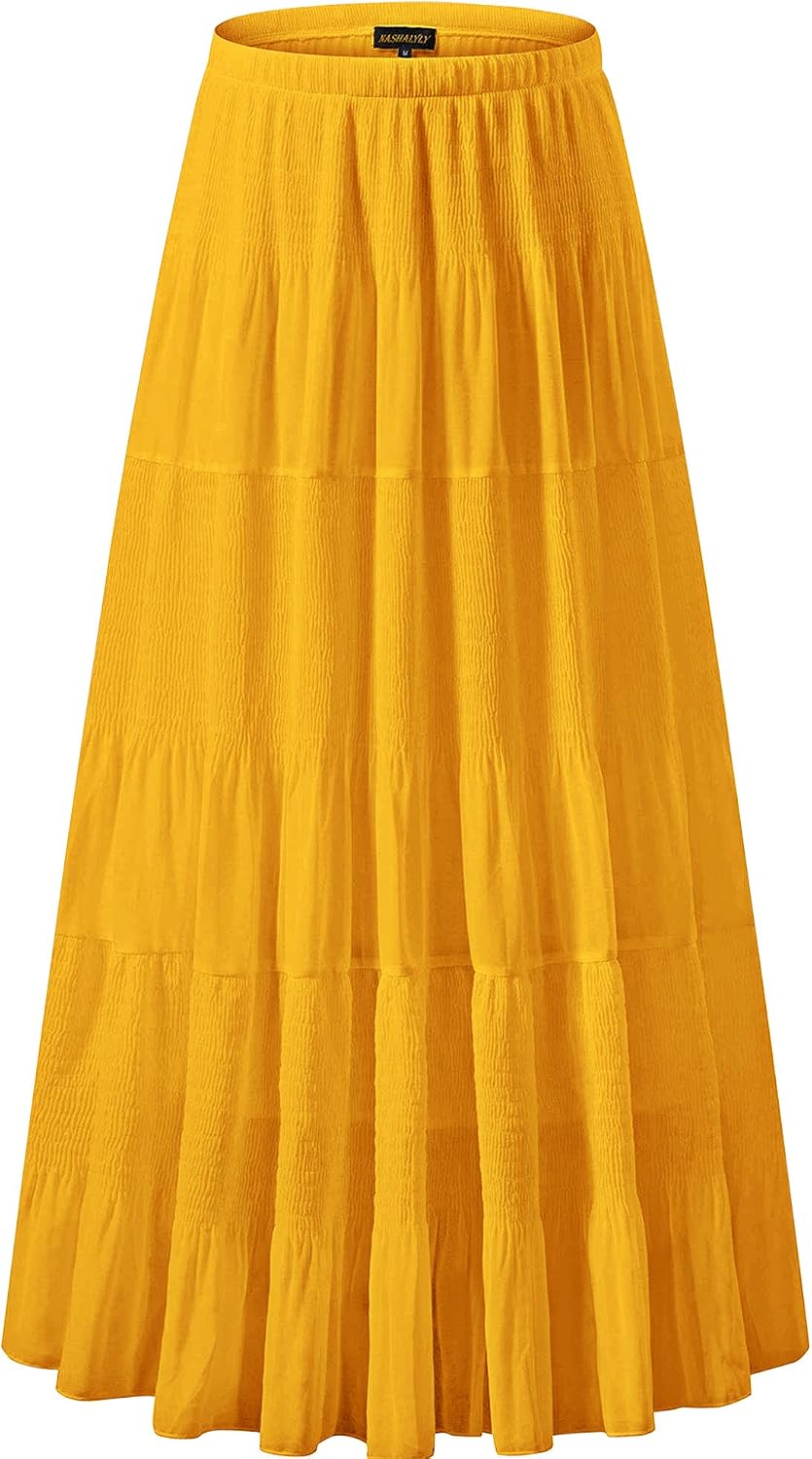 NASHALYLY Women's Chiffon Elastic High Waist Pleated A-Line Maxi Skirts Jansha Store