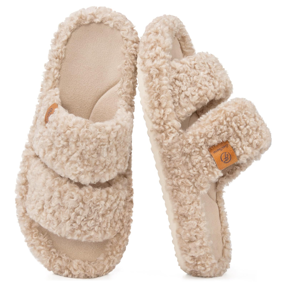 Close-up of the plush fuzzy texture on EverFoams women's open-toe slippers