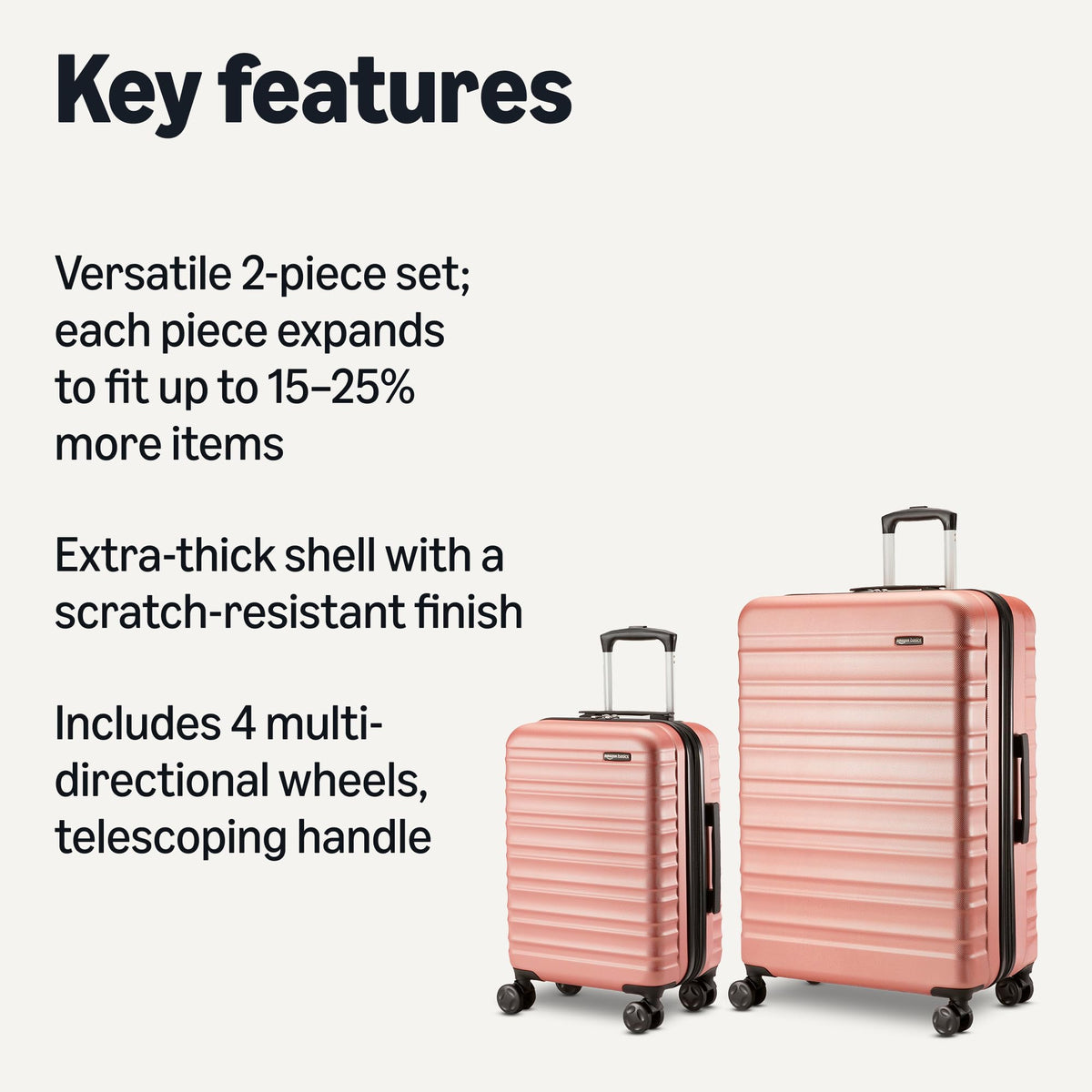 Amazon Basics 3-Piece Hardshell Suitcases Set (21", 26", 30"), Expandable For Up to 25% More Space, With Scratch-Resistant Finish, Four Multi-Directional Wheels, Rose Gold Jansha Store