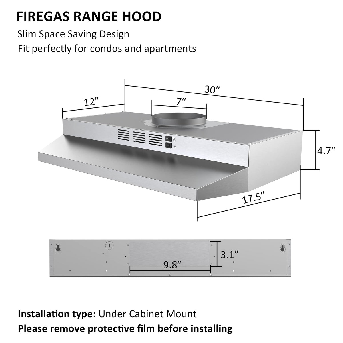 FIREGAS Range Hood 30 inch Under Cabinet, White Range Hood, Kitchen Hood Jansha Store