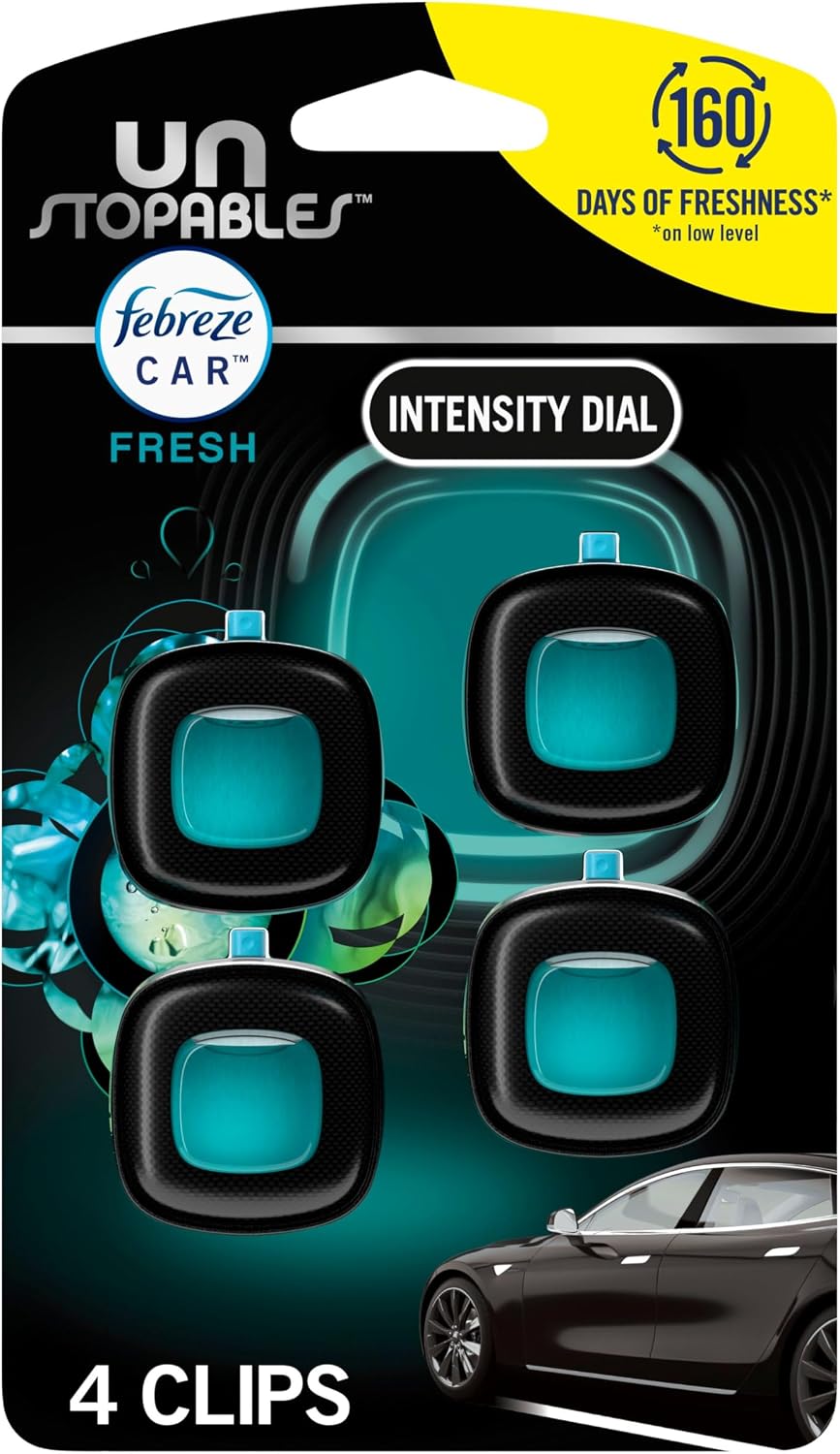 Febreze Car Air Freshener, Odor-Fighting Automotive Vent Clip, Scented Car Accessories, Long Lasting for Strong Odors, Unstopables Fresh Scent, .07 fl oz, 4 Count Jansha Store