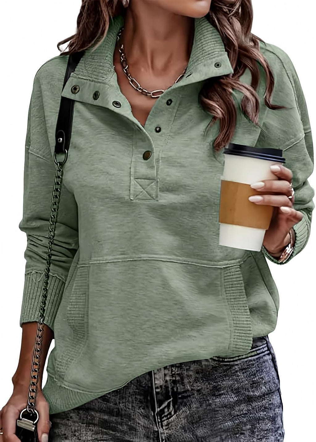 SHEWIN Women's Casual Long Sleeve Stand Neck Sweatshirt Lightweight Button Drawstring Pullover Tops Jansha Store