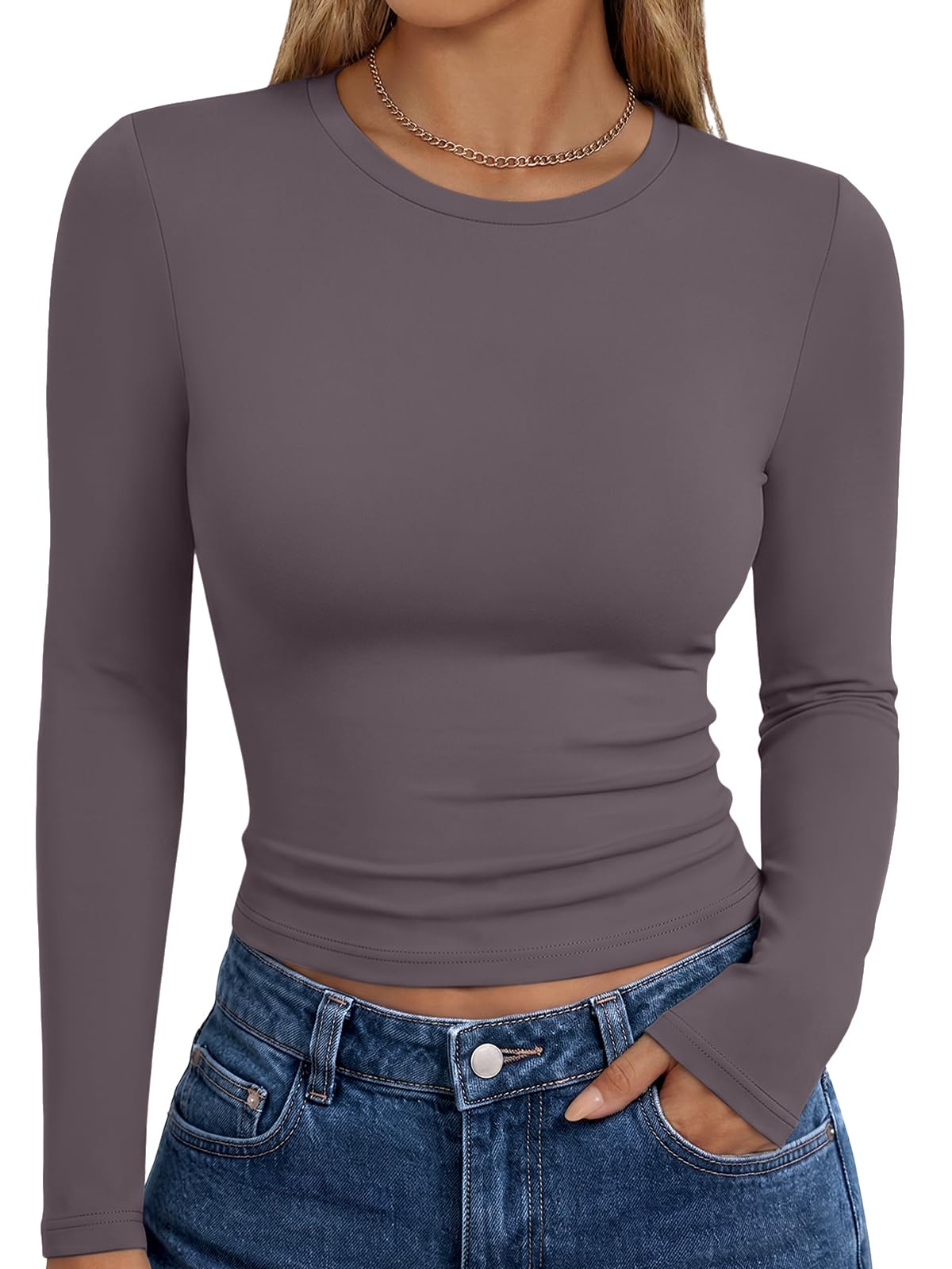 Flat lay of the women's long sleeve t-shirt showing the full shape and cut