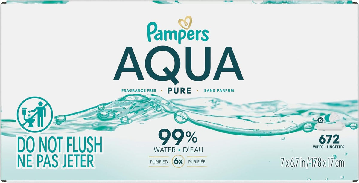 Pampers Aqua Pure Baby Wipes, Unscented, Fragrance Free, 99% Water, Water Based, Multi-Use, 672 Wipes Total (12X Flip-Top Packs) Jansha Store