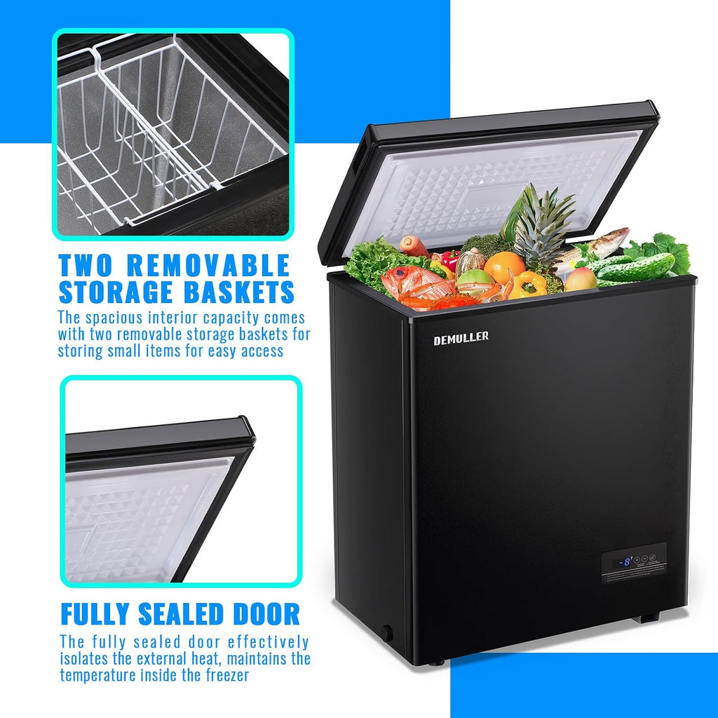 DEMULLER Chest Freezer 4.0 CU. FT Ultra-low Temperature Deep Freezers (Down to -12 ℉) with TWO Removable Baskets Accurate Display of Cabinet Temp Freestanding Black Jansha Store