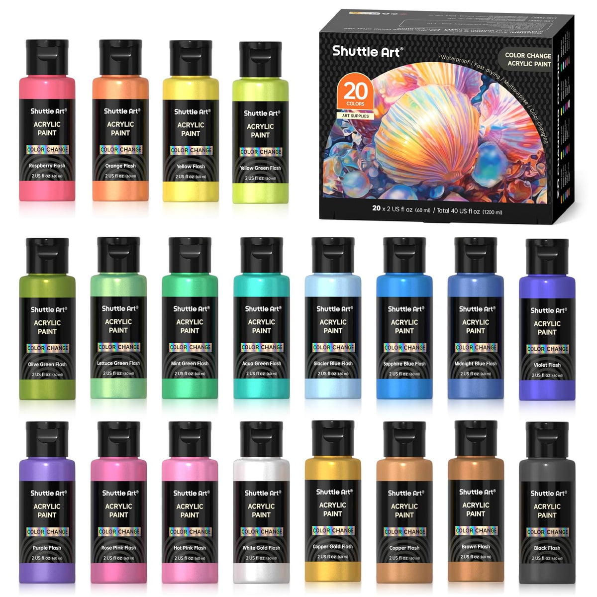 Shuttle Art Acrylic Paint, 36 Colors Acrylic Paint Set with Brushes & Palette, 2oz/60ml Bottles, Rich Pigments Non-toxic for Artists Kids & Adults, Painting on Canvas Rocks Ceramic Wood Jansha Store