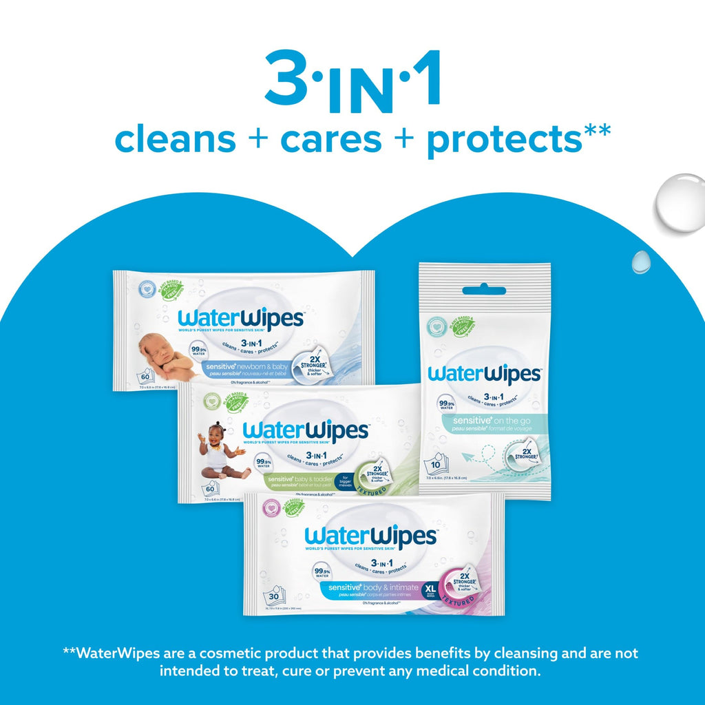 WaterWipes Sensitive+ Newborn & Baby Wipes, 3-In-1 Cleans, Cares, Protects, 99.9% Water, Unscented & Hypoallergenic, 720 Count (12 Packs) Jansha Store