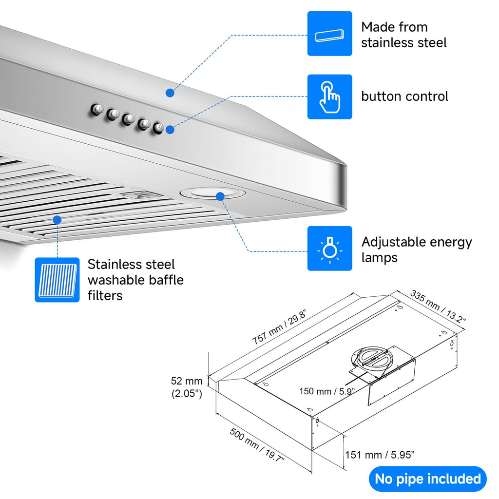 AMZCHEF 30" Under Cabinet Range Hood, 750CFM Stainless Steel Vent Hood Jansha Store