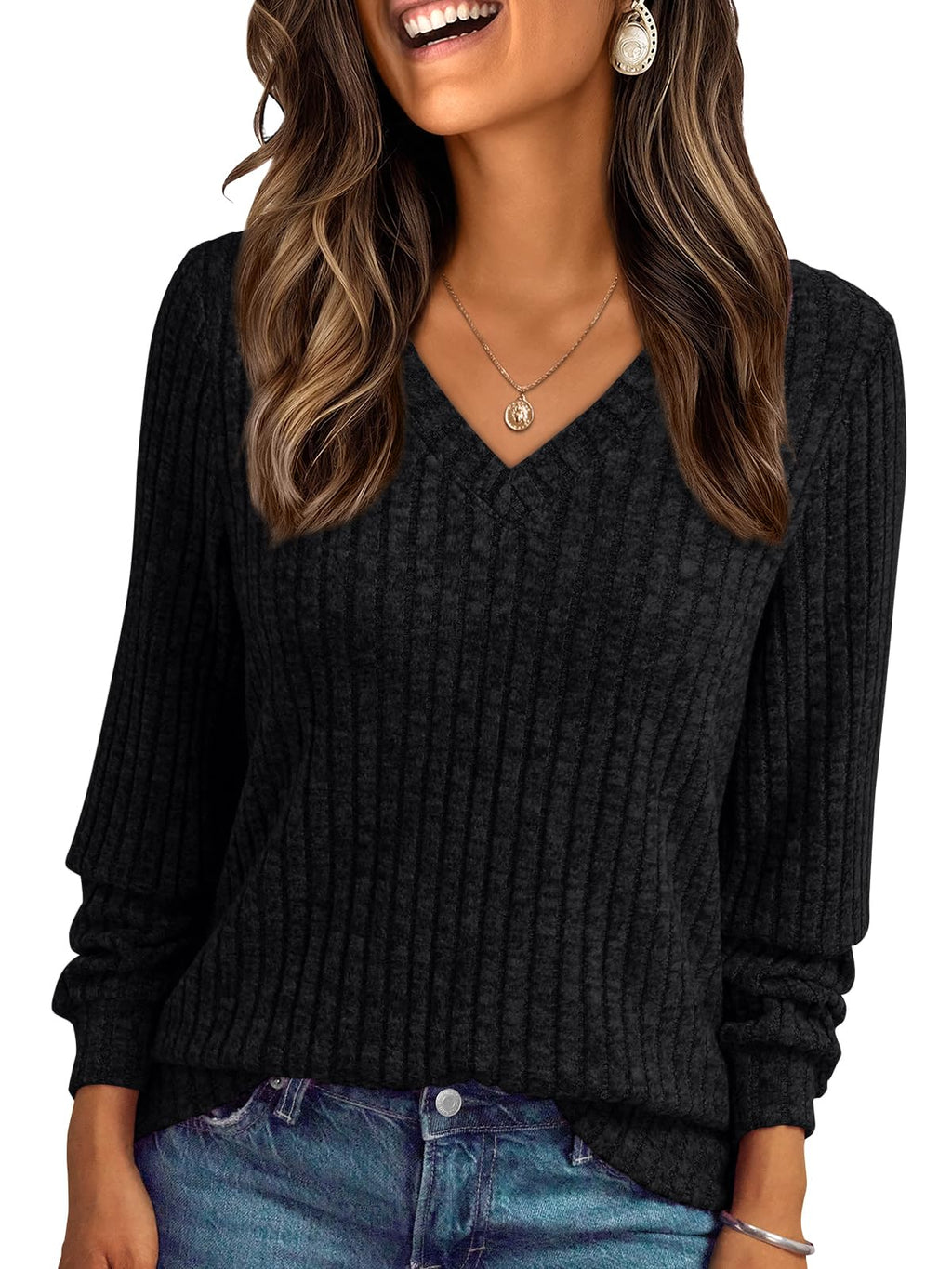 AUTOMET Womens V Neck Long Sleeve Shirts Fall Tops 2026 Lightweight Sweater Jansha Store