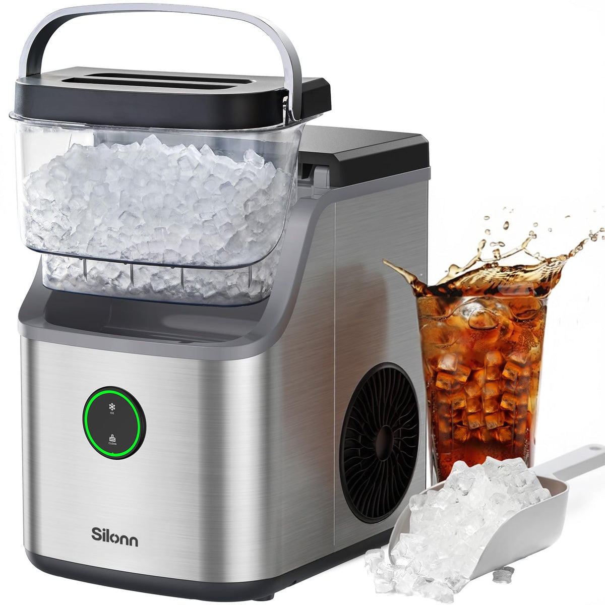 Silonn Nugget Ice Maker Countertop, Pellet Ice Machine with Self-Cleaning Function, Sonic Ice Maker Produces 36lbs of Chewable Ice in 24 Hours, Ideal for Home Kitchen and Office (Stainless Steel) Jansha Store
