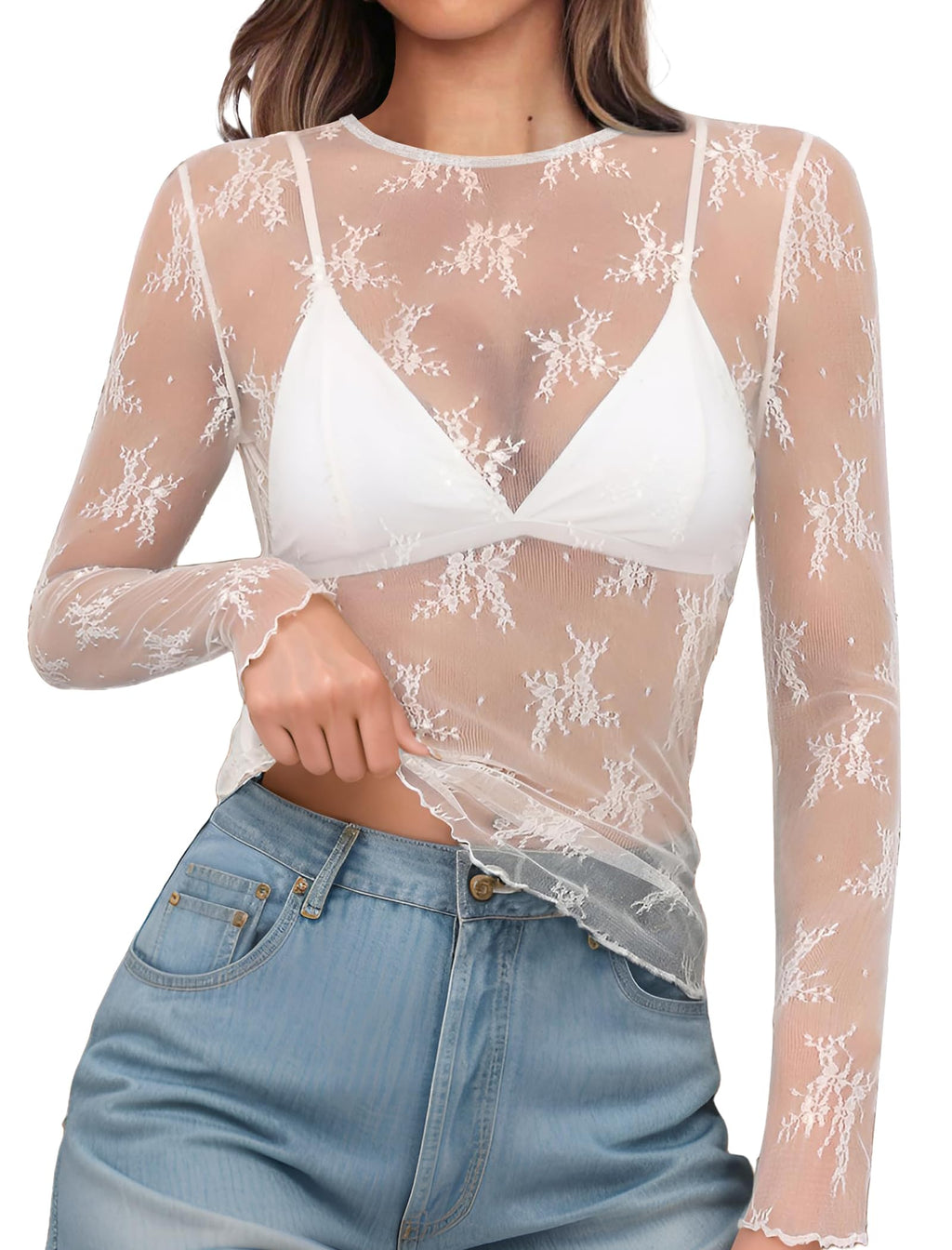 OFEEFAN Womens Mesh Tops Lace Long Sleeve Shirts Crewneck Slim Fitted Outfits See Through Blouses Jansha Store