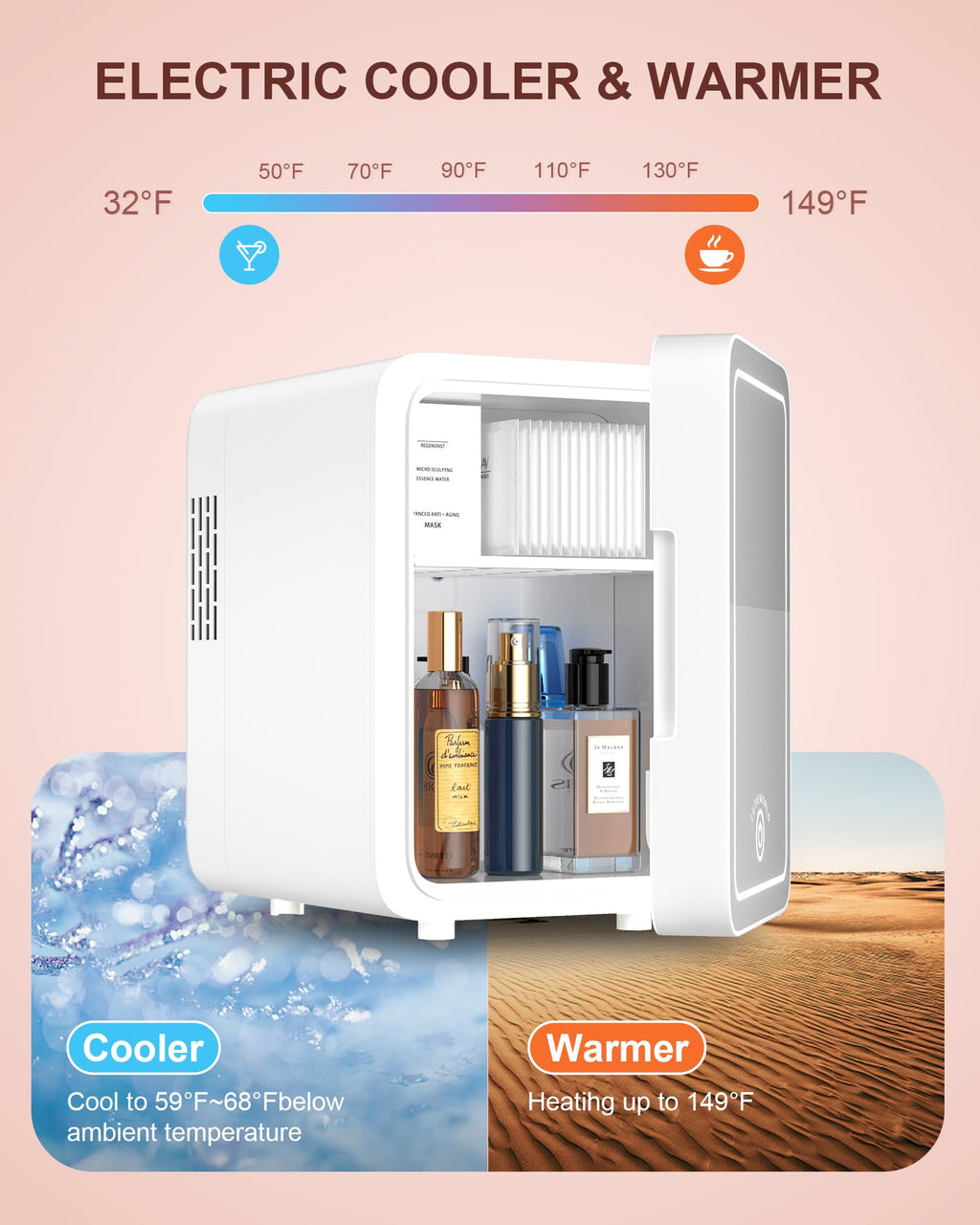CUTIEWORLD Skincare Fridge - 4L Makeup Fridge for Refrigerating Makeup, Skincare and Food, Mini Fridge for Bedroom, Office and Car, Cooler and Warmer, Beverage Cooler, Leather Pink Jansha Store