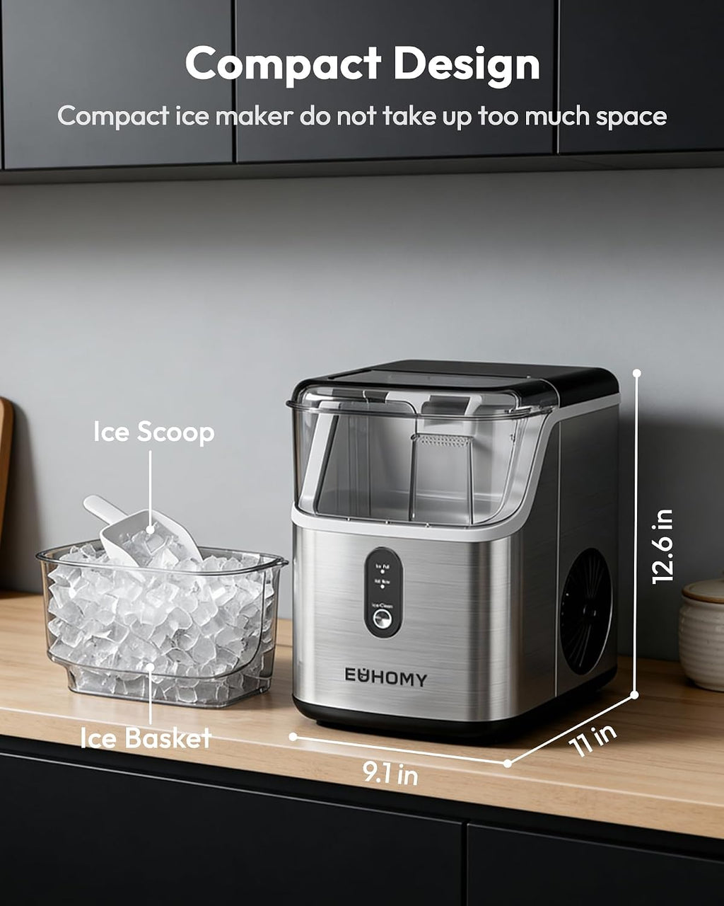 EUHOMY Nugget Ice Maker Countertop, Ready in 7 Mins, 34Lbs/24H Pebble Ice Maker Machine, Self-Cleaning Countertop Sonic Ice Makers with Ice Scoop&Basket, Pellet Ice Maker for Home, Stainless Steel Jansha Store