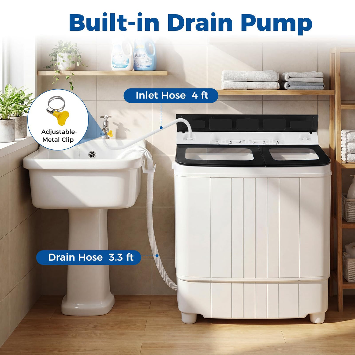 COSTWAY 26Lbs Portable Washing Machine with Built-in Drain Pump, Blue Jansha Store