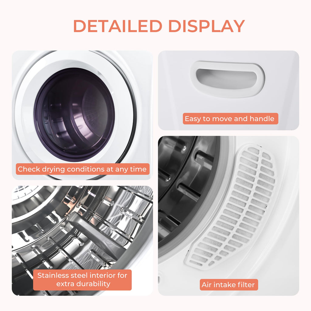 Euhomy Compact Laundry Dryer, 3.5 cu ft Front Load Stainless Steel Clothes Dryers With Exhaust Pipe, 1500W, LCD Control Panel Four-Function Portable Dryer For Apartments, Home, Dorm, White Jansha Store