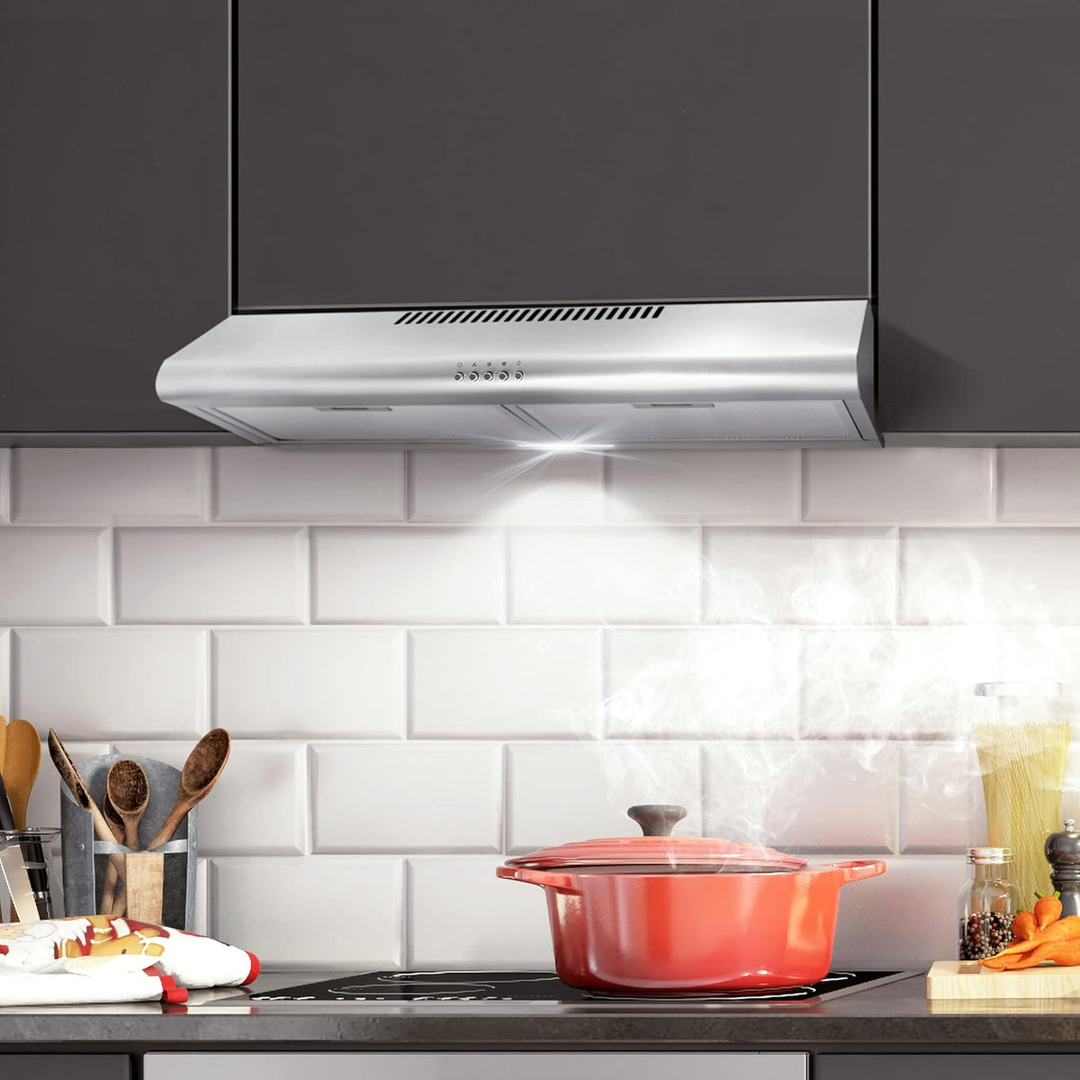 COSMO COS-5MU30 30 in. Delta Collection Ducted Under Cabinet Range Hood, Button Controls, Reusable Filters, LED Lights, Stainless Steel Jansha Store