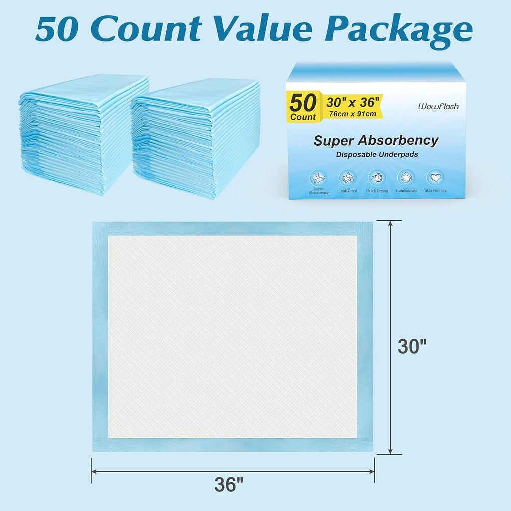 50 Count 30” x 36” Super Absorbency Disposable Underpads Jansha Store