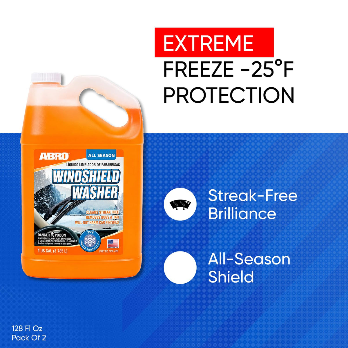 ABRO Windshield Washer Fluid 1 Gallon, Streak-Free Bug Remover, 1 Pack Jansha Store