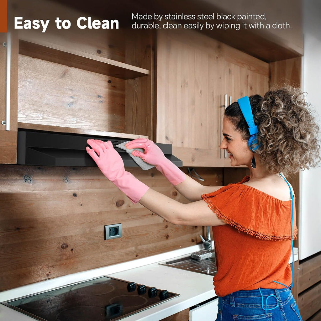 SNDOAS Black Range Hood 36 inch,Ductless Under Cabinet Range Hood Included Carbon Sponge Filter,Ducted Optional,Kitchen Hood 36 inch with 2 Vents,2 Speeds,Hard Wired Stove Vent Jansha Store