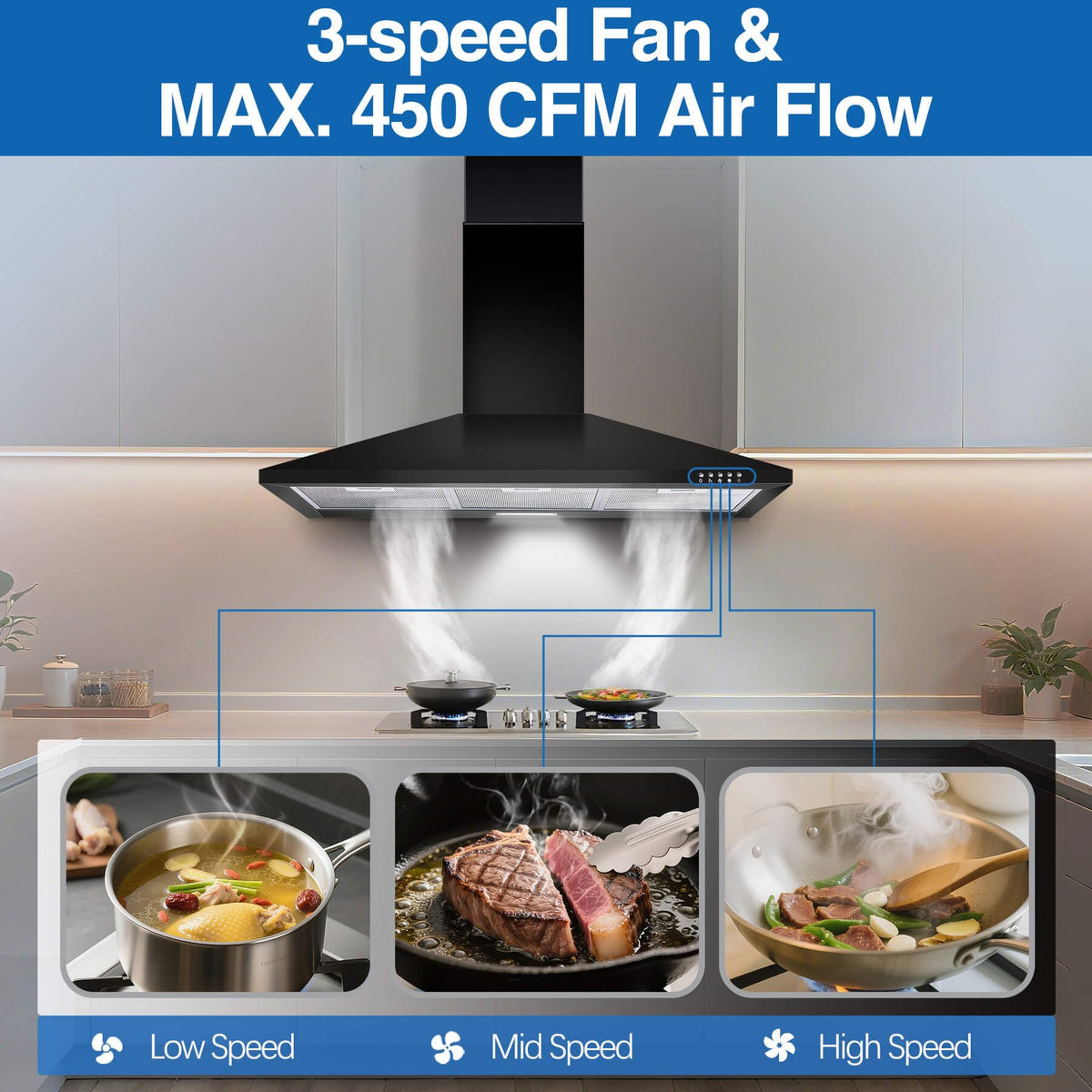 SNDOAS Black Range Hood,Wall Mount Range Hood 30 inch,Stainless Steel Kitchen Hood with Ducted/Ductless Convertible,Stove Vent Hood,Aluminum Filters,3 Speed Exhaust Fan,LED Light,Button Control Jansha Store